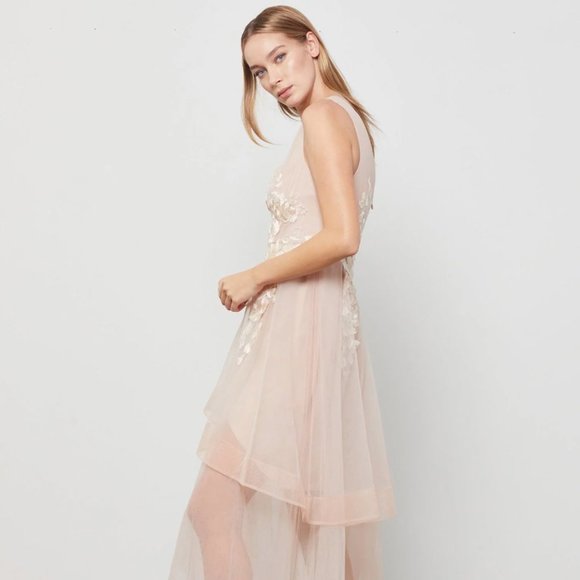 BCBG Max Azria Floral Sheer Embroidered Appliquéd Asymmetrical Gown Nude Pink - Picture 6 of 8